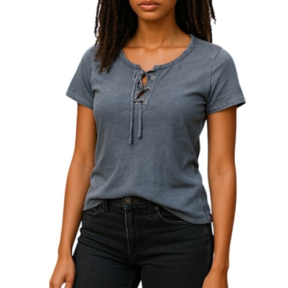 HOLLISTER Lace Up Tied T-Shirt Blue Short Sleeve Sunwashed M